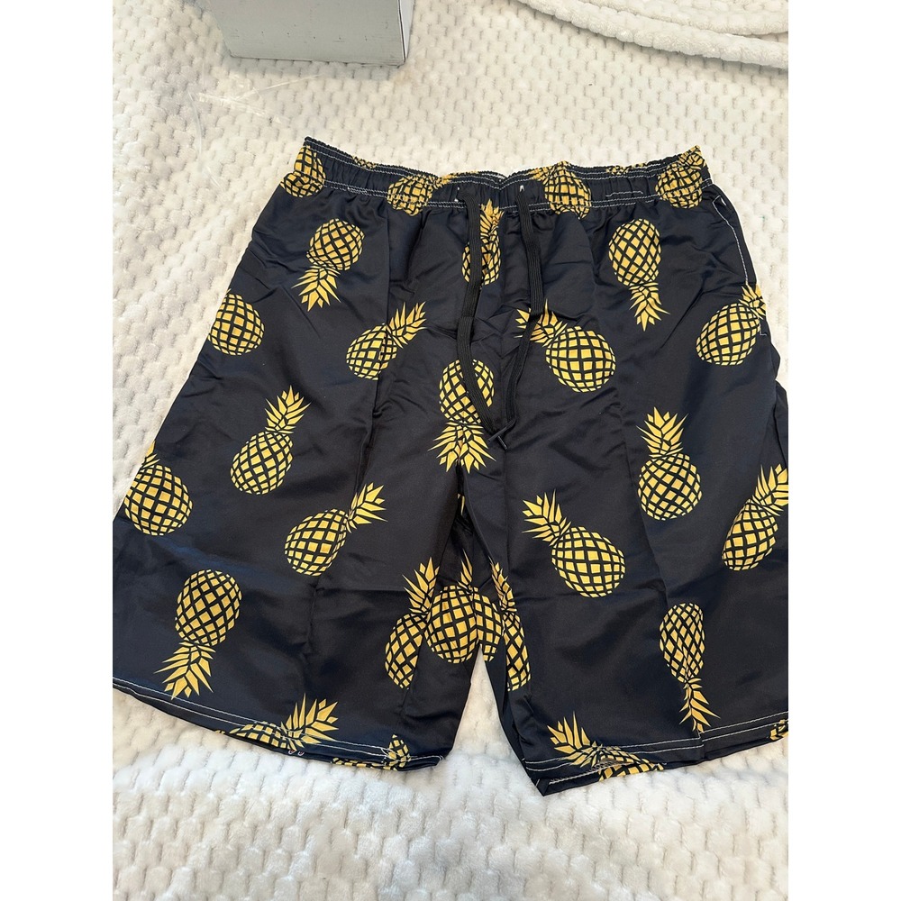 Mens Pineapple Print Swim Trunks Black Yellow Mesh Lined Board Shorts 2XL